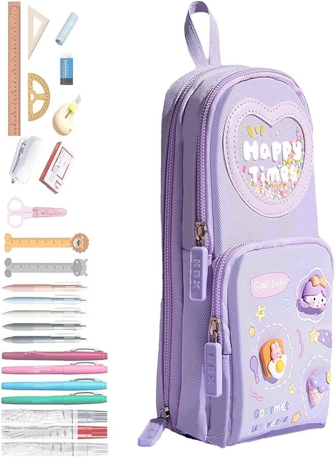 PXBQ Large Capacity Pencil Case Pouch, Cute Aesthetic Big Capacity Zipper Pencil Cases Pen Portable Office Stationery Makeup Bag, Desk Organizer for College Adults Women Men (Happy TIME Purple) - Image 4
